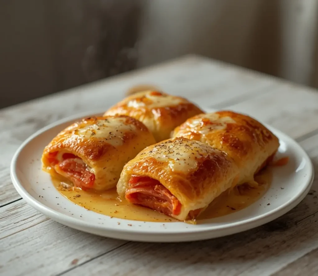 cheesy pepperoni pizza roll-ups: : Cheesy pepperoni pizza roll-ups baked golden brown with melted cheese