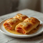 cheesy pepperoni pizza roll-ups: : Cheesy pepperoni pizza roll-ups baked golden brown with melted cheese