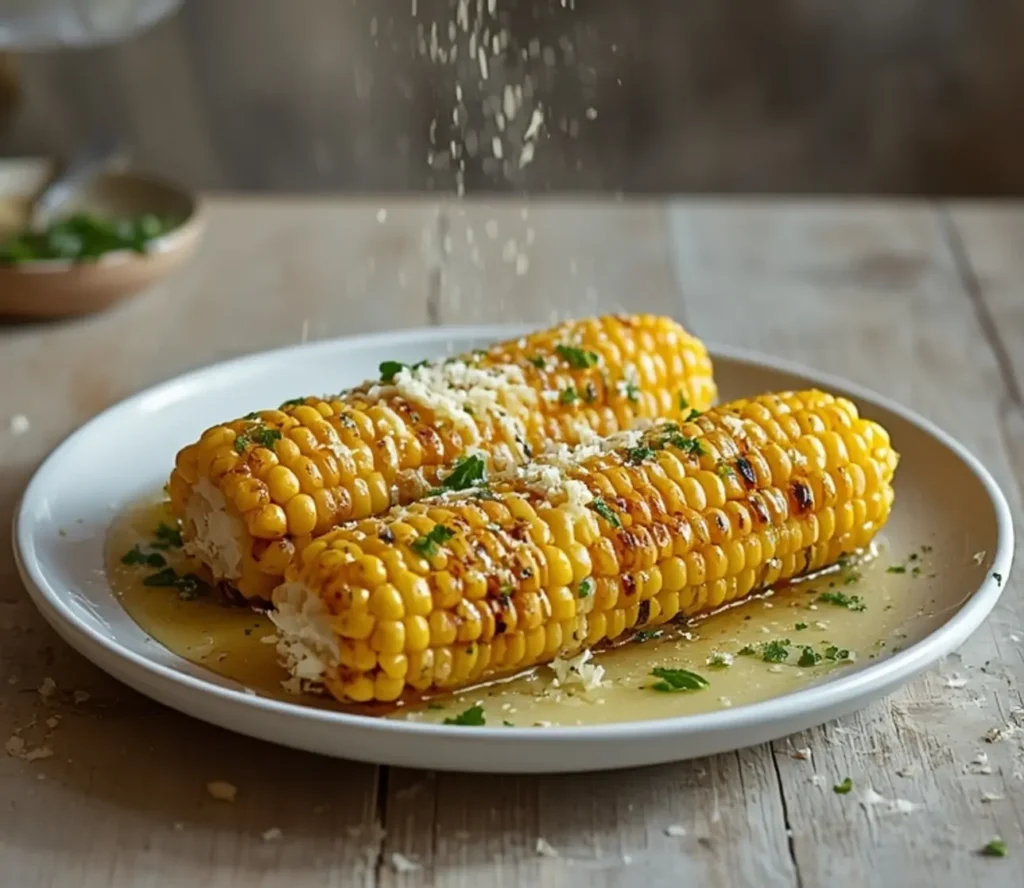 garlic parmesan corn: : Golden garlic parmesan corn on the cob with melted butter and cheese