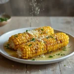 garlic parmesan corn: : Golden garlic parmesan corn on the cob with melted butter and cheese