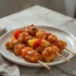 baked pineapple chicken kabobs: : Baked pineapple chicken kabobs with golden chicken and sweet pineapple chunks.