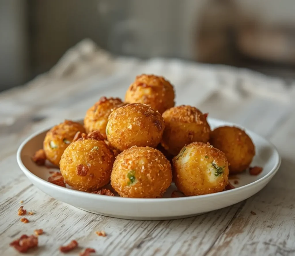 bacon jalapeo popper cheese balls: : Crispy bacon jalapeo popper cheese balls on a plate