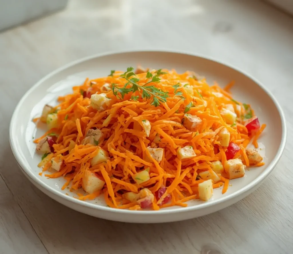 carrot apple salad: : Carrot apple salad with fresh grated carrots and apple chunks in creamy dressing
