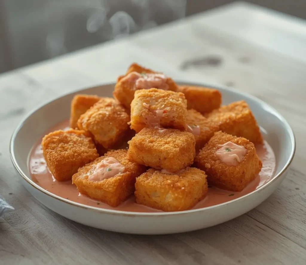 crispy bang bang salmon bites: : Crispy Bang Bang Salmon Bites in spicy-sweet sauce.