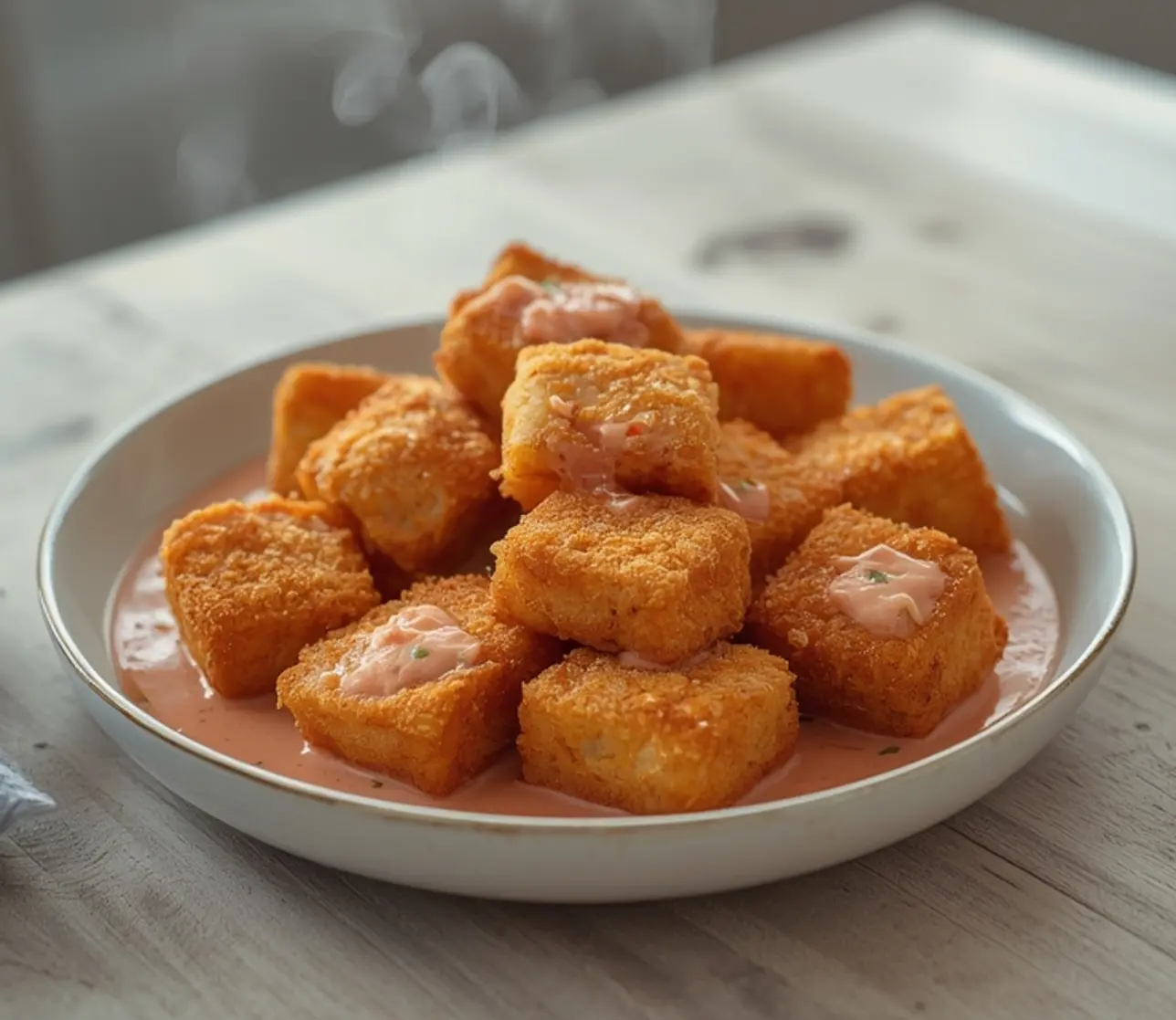 crispy bang bang salmon bites: : Crispy Bang Bang Salmon Bites in spicy-sweet sauce.
