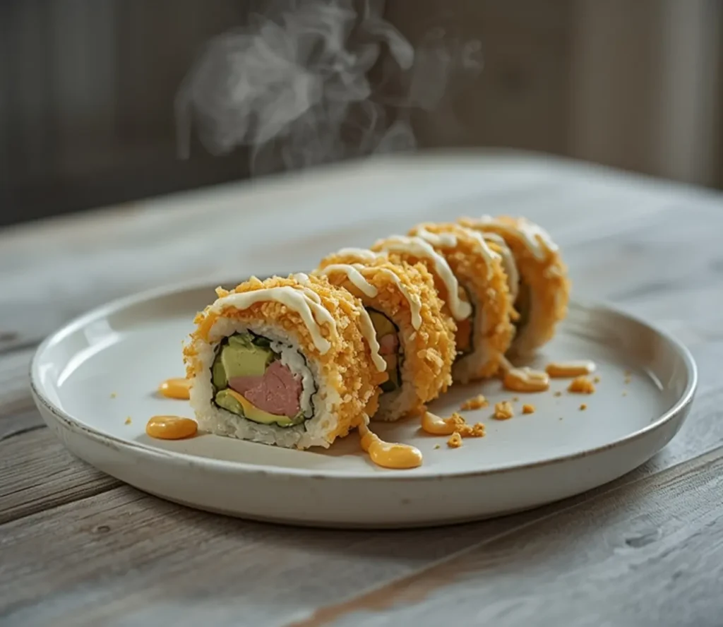 volcano roll recipe: : A homemade volcano roll recipe with spicy tuna and tempura crunch