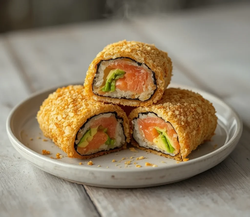 crispy fried salmon avocado rolls: : Crispy fried salmon avocado rolls with golden crunchy exterior