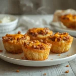 tater tot mini cheeseburger bites: : Crispy tater tot mini cheeseburger bites with melty cheddar cheese