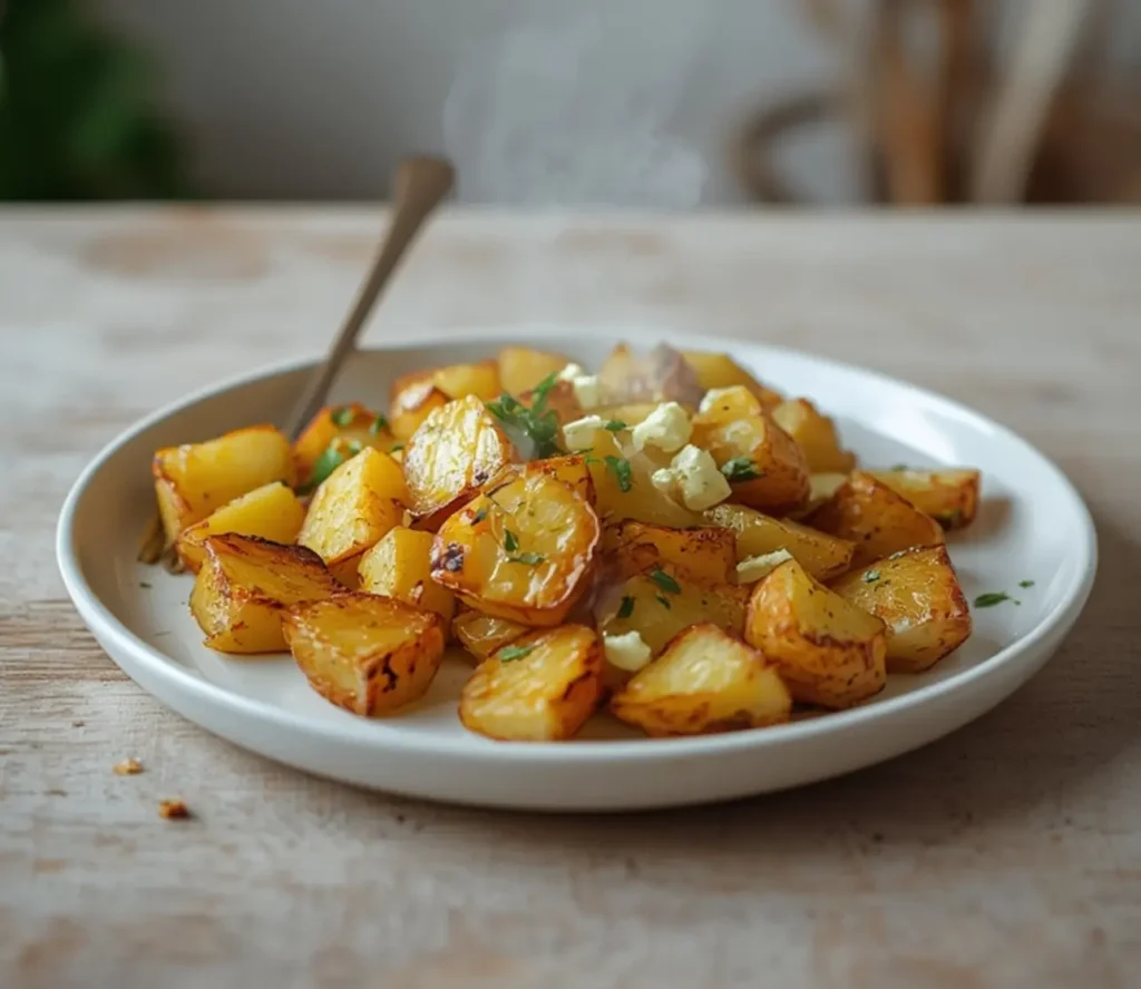 roasted potatoes baked feta garlic: : Golden roasted potatoes with baked feta and garlic on a tray.