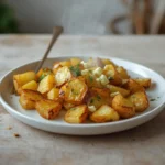 roasted potatoes baked feta garlic: : Golden roasted potatoes with baked feta and garlic on a tray.