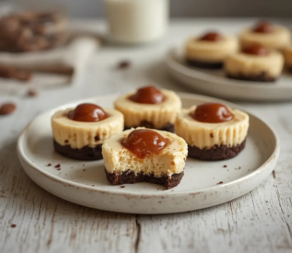 mini rolo cheesecake recipe: : Rich and creamy mini rolo cheesecake recipe topped with caramel chocolate candy on a white background.