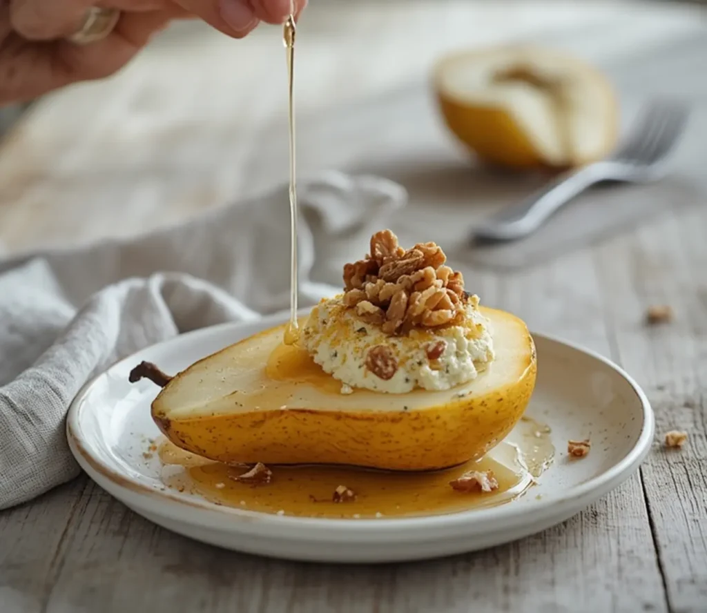 elegant blue cheese pears: : Elegant blue cheese stuffed pears recipe with honey and walnuts
