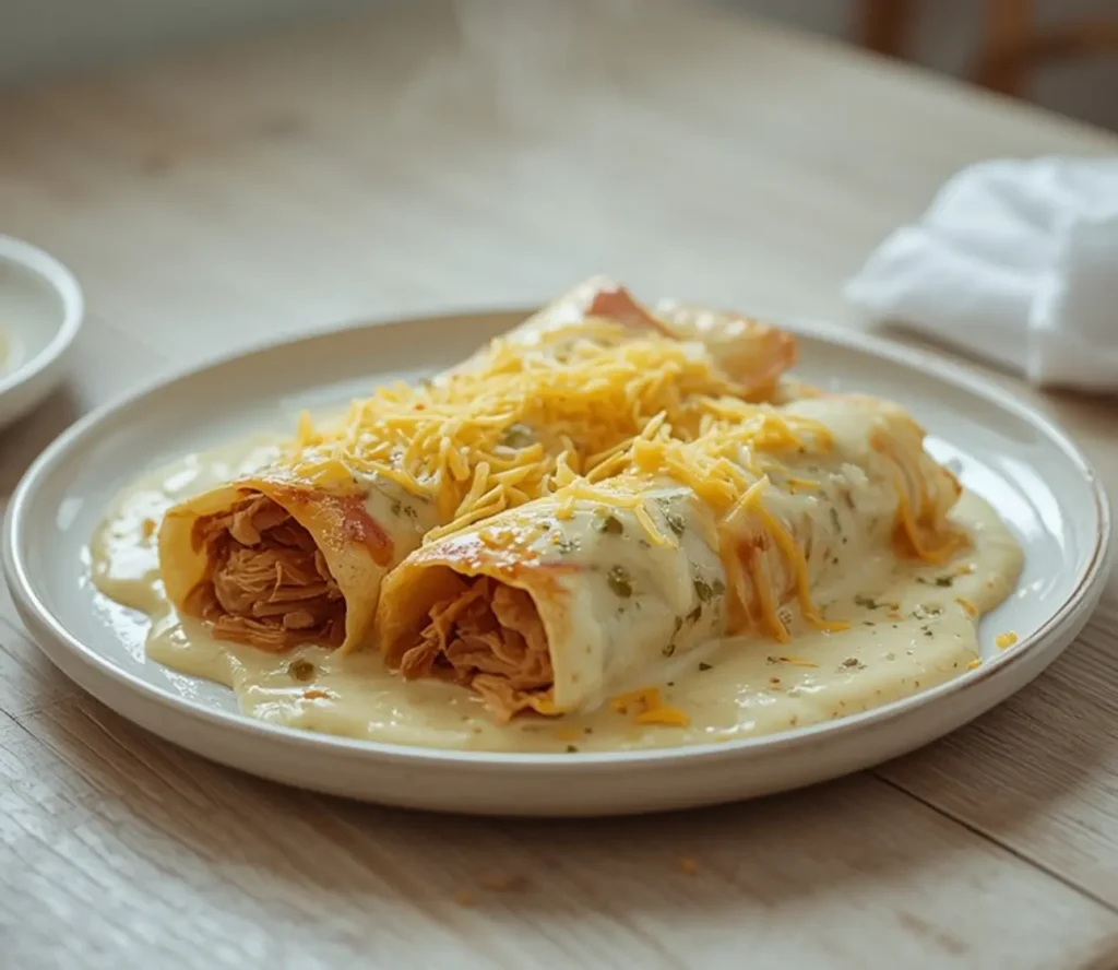 cheesy creamy white chicken enchiladas: : Cheesy creamy white chicken enchiladas with melted cheese and creamy sauce.