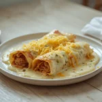 cheesy creamy white chicken enchiladas: : Cheesy creamy white chicken enchiladas with melted cheese and creamy sauce.