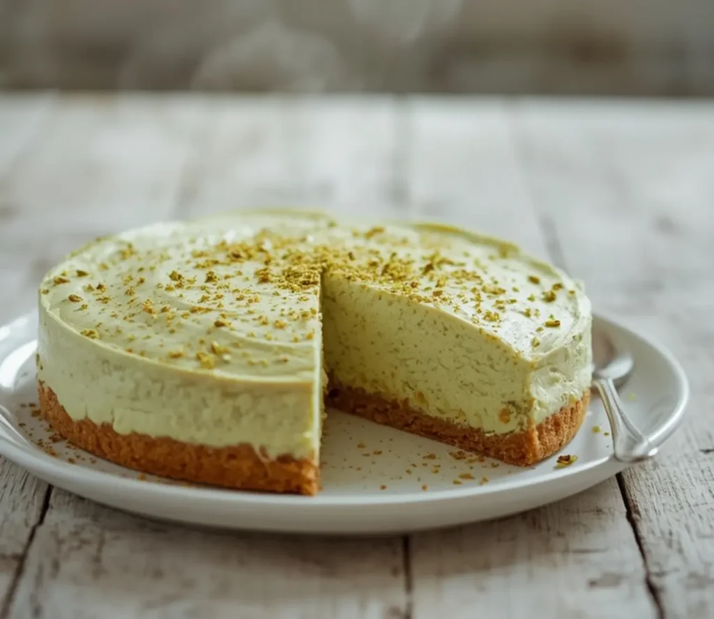 pistachio cheesecake no bake: : Creamy pistachio cheesecake no bake with graham cracker crust and pistachio topping