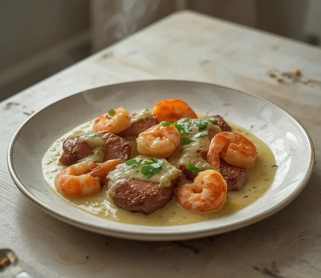 surf and turf creamy garlic sauce: : Creamy garlic surf and turf with steak and shrimp in a rich sauce
