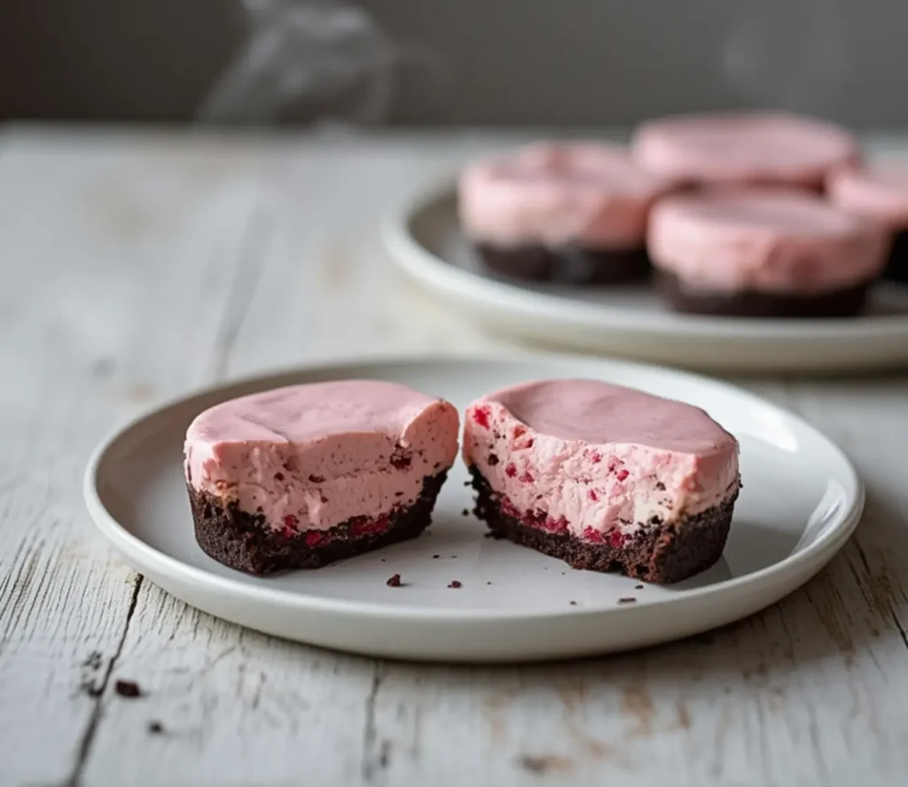 raspberry cheesecake bites: : Raspberry cheesecake bites with chocolate crust on a plate