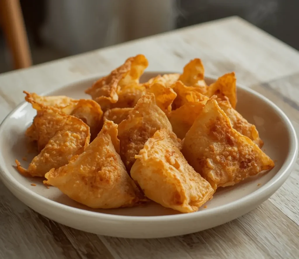 crispy wonton wrapped shrimp: : Golden crispy wonton wrapped shrimp appetizer on a plate