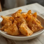 crispy wonton wrapped shrimp: : Golden crispy wonton wrapped shrimp appetizer on a plate