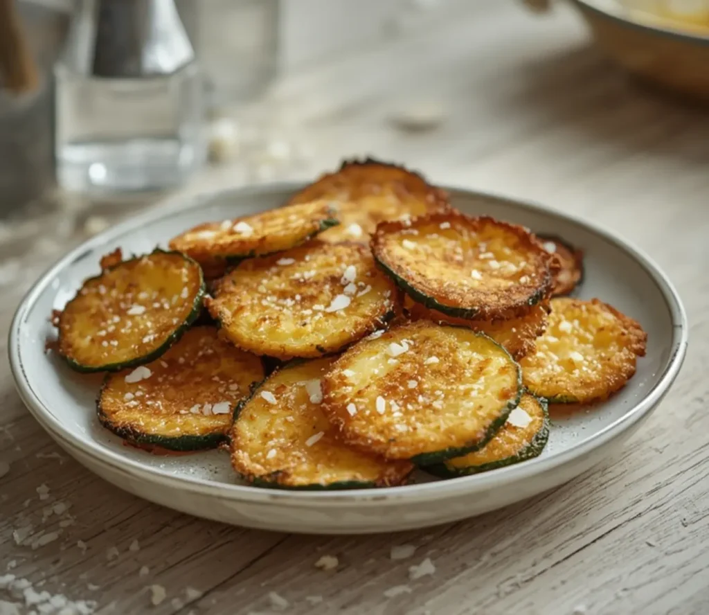 salt and vinegar zucchini chips: : Crispy golden baked salt and vinegar zucchini chips on a tray