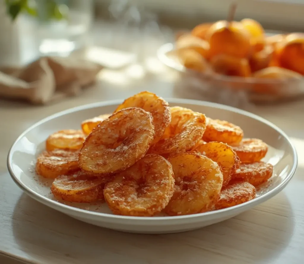 Irresistible Air Fryer Apple Fries In 20 Minutes 1 air fryer apple fries: : Crispy golden air fryer apple fries with cinnamon sugar coating on a plate.