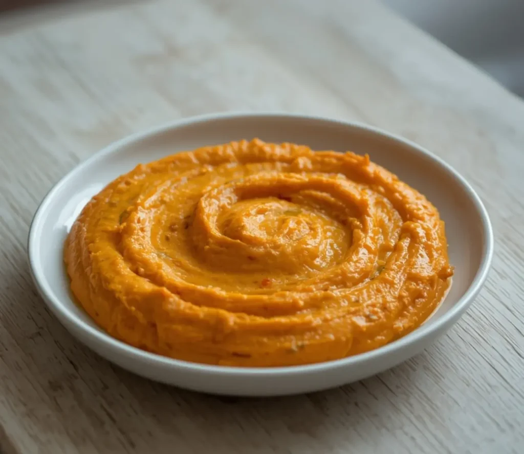 carrot roasted red pepper feta dip: : Creamy carrot roasted red pepper feta dip in a bowl with fresh vegetables