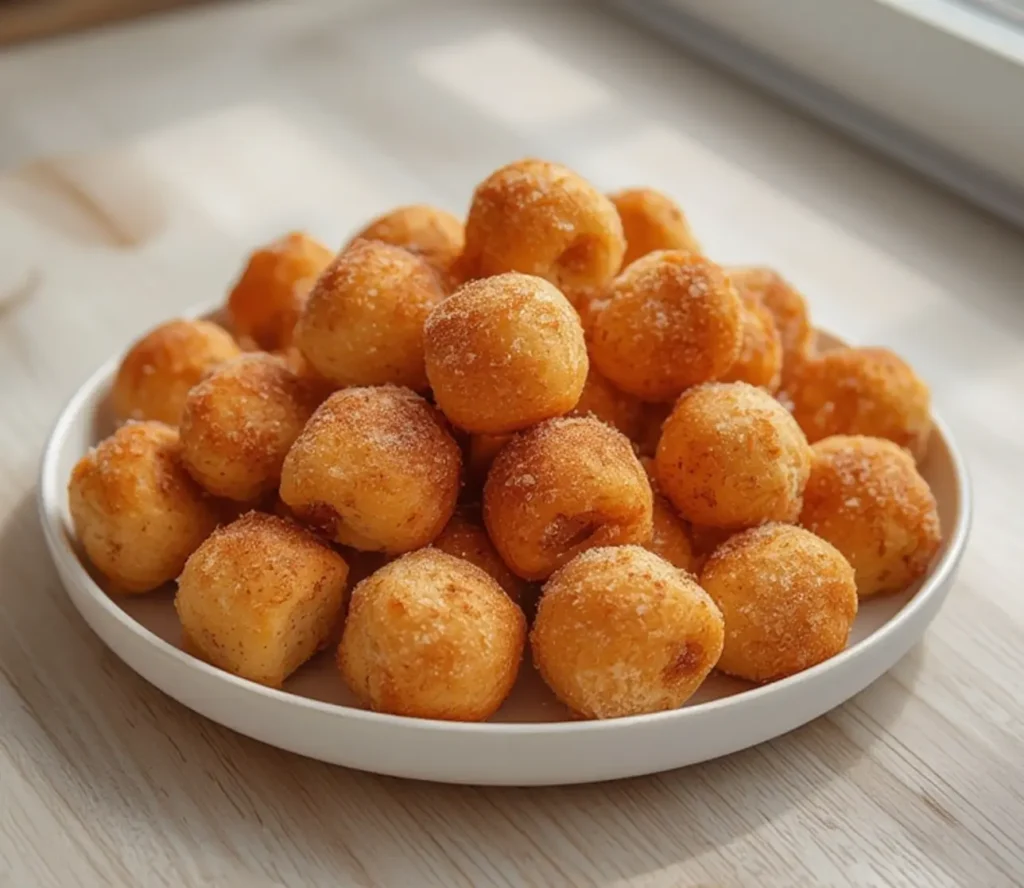 baked churro bites: : Freshly baked churro bites coated in cinnamon sugar on a baking sheet