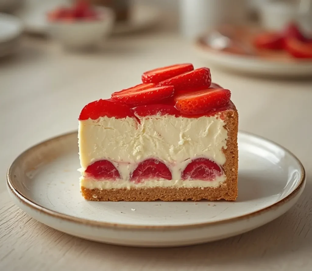 strawberry cheesecake recipe: : A slice of creamy strawberry cheesecake topped with fresh fruit