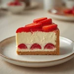 strawberry cheesecake recipe: : A slice of creamy strawberry cheesecake topped with fresh fruit