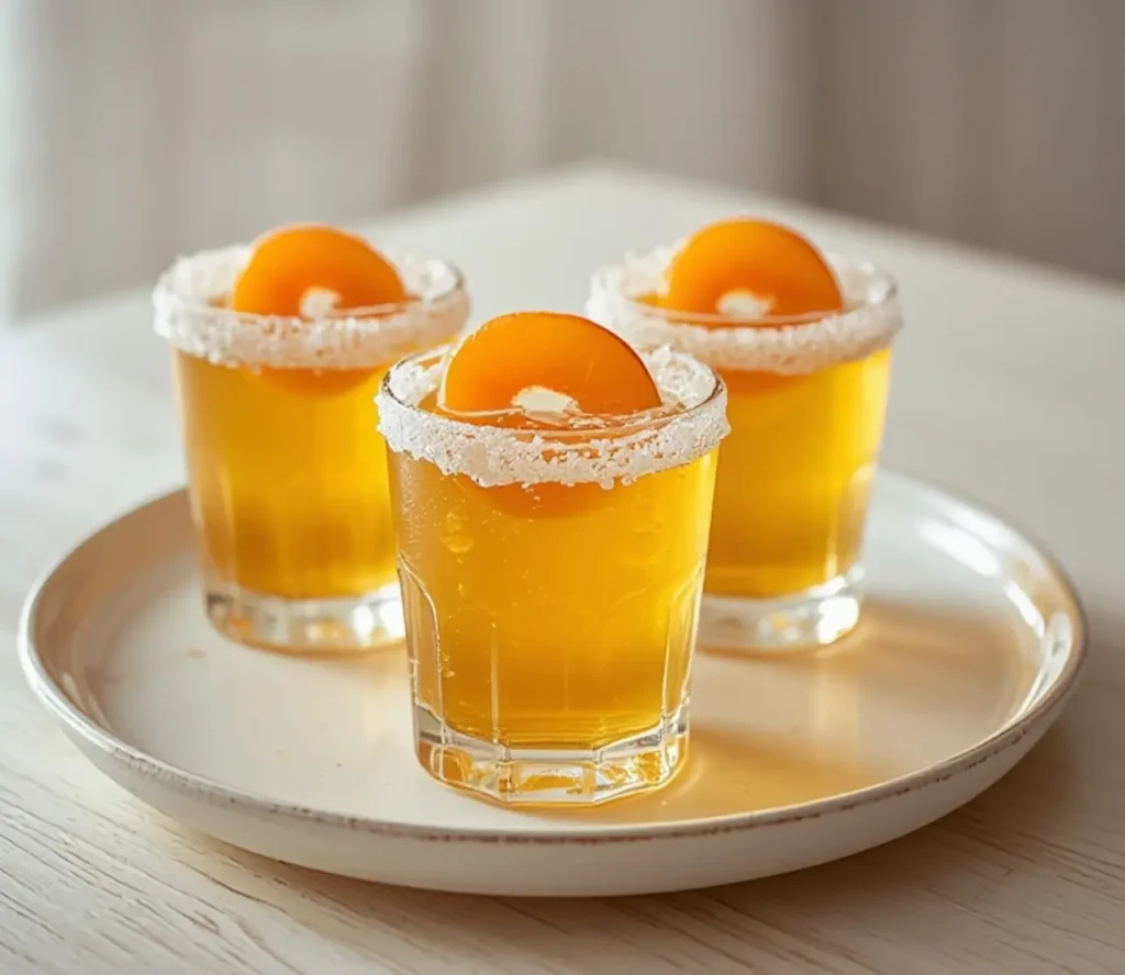 Peach Ring Pop Shots: Perfect Party Drink in 1 1 peach ring pop shots: : Peach Ring Pop Shots in sugar-rimmed glasses with candy garnish