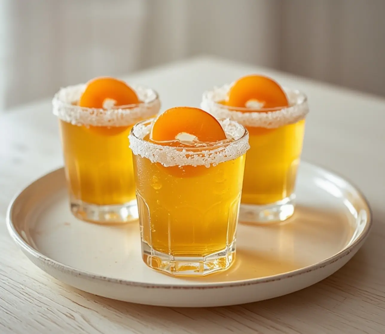 peach ring pop shots: : Peach Ring Pop Shots in sugar-rimmed glasses with candy garnish