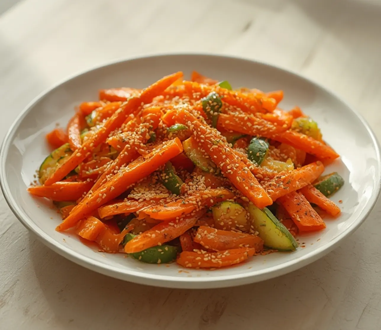 asian carrot cucumber salad: : Asian carrot cucumber salad with sesame seeds in a bowl.