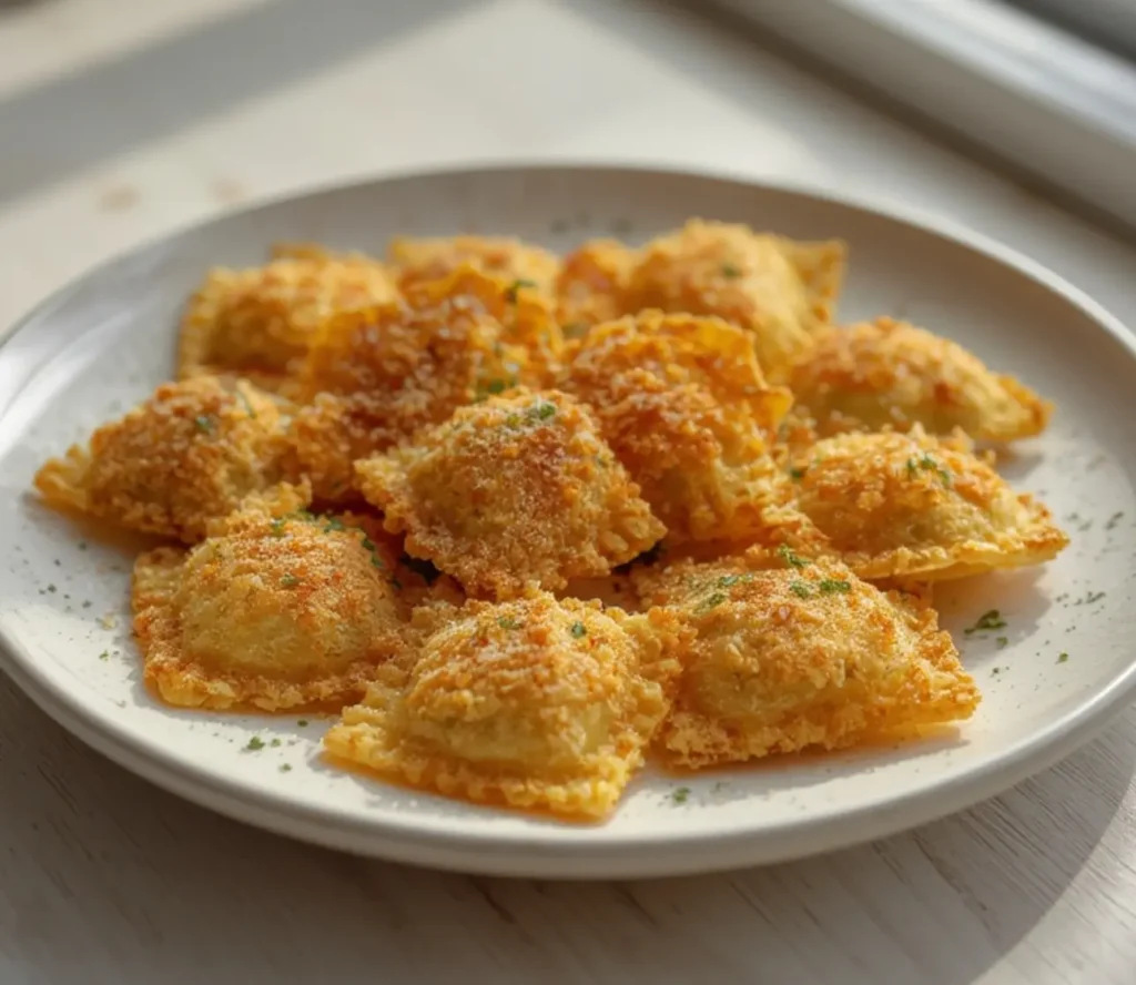 crispy ravioli appetizer: : Crispy air fryer ravioli appetizer on a plate with marinara dip.