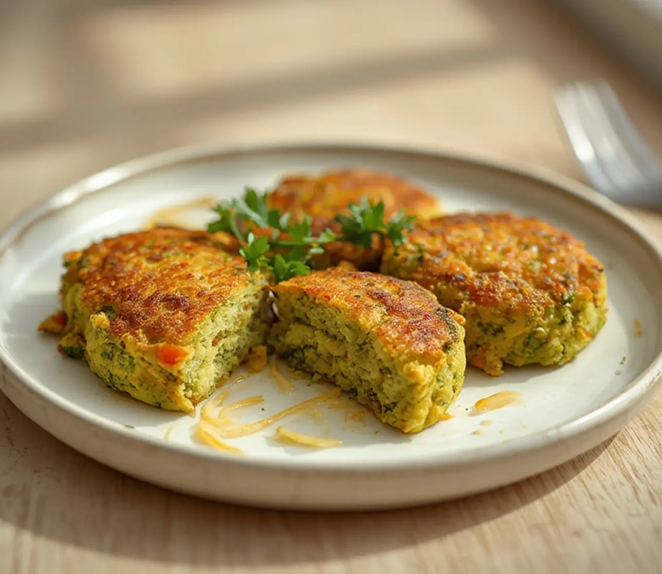 broccoli cheese patties: : Golden brown broccoli cheese patties with visible green broccoli bits and melted cheese