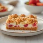 strawberry cheesecake bars: : Strawberry cheesecake bars with creamy filling and crumble topping.
