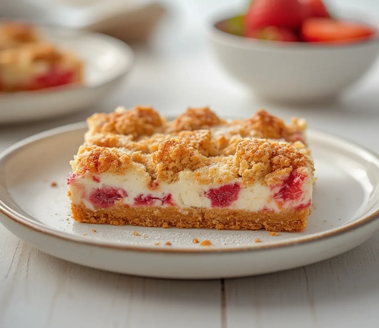 strawberry cheesecake bars: : Strawberry cheesecake bars with creamy filling and crumble topping.
