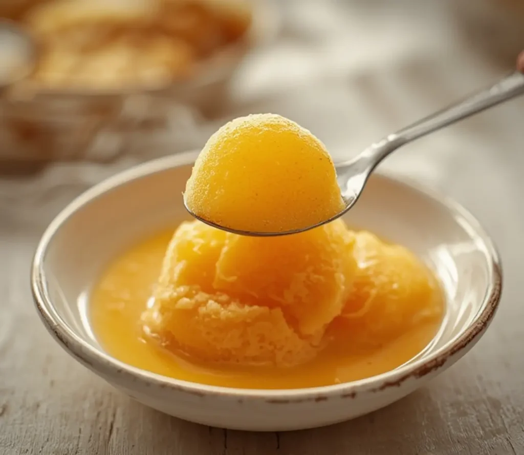 mango sorbet recipe: : Creamy homemade mango sorbet in a white bowl with a spoon.