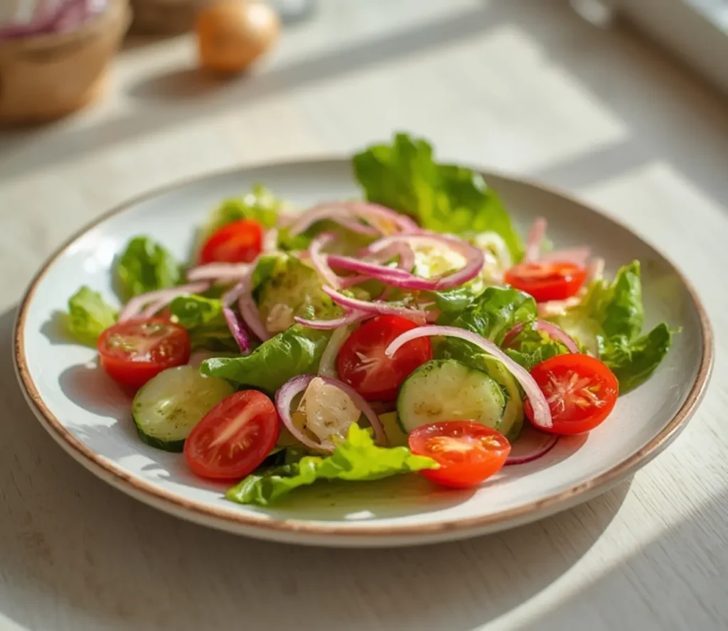 garden salad summer recipe: : Fresh garden salad with lettuce, tomatoes, and cucumber, a perfect summer recipe.