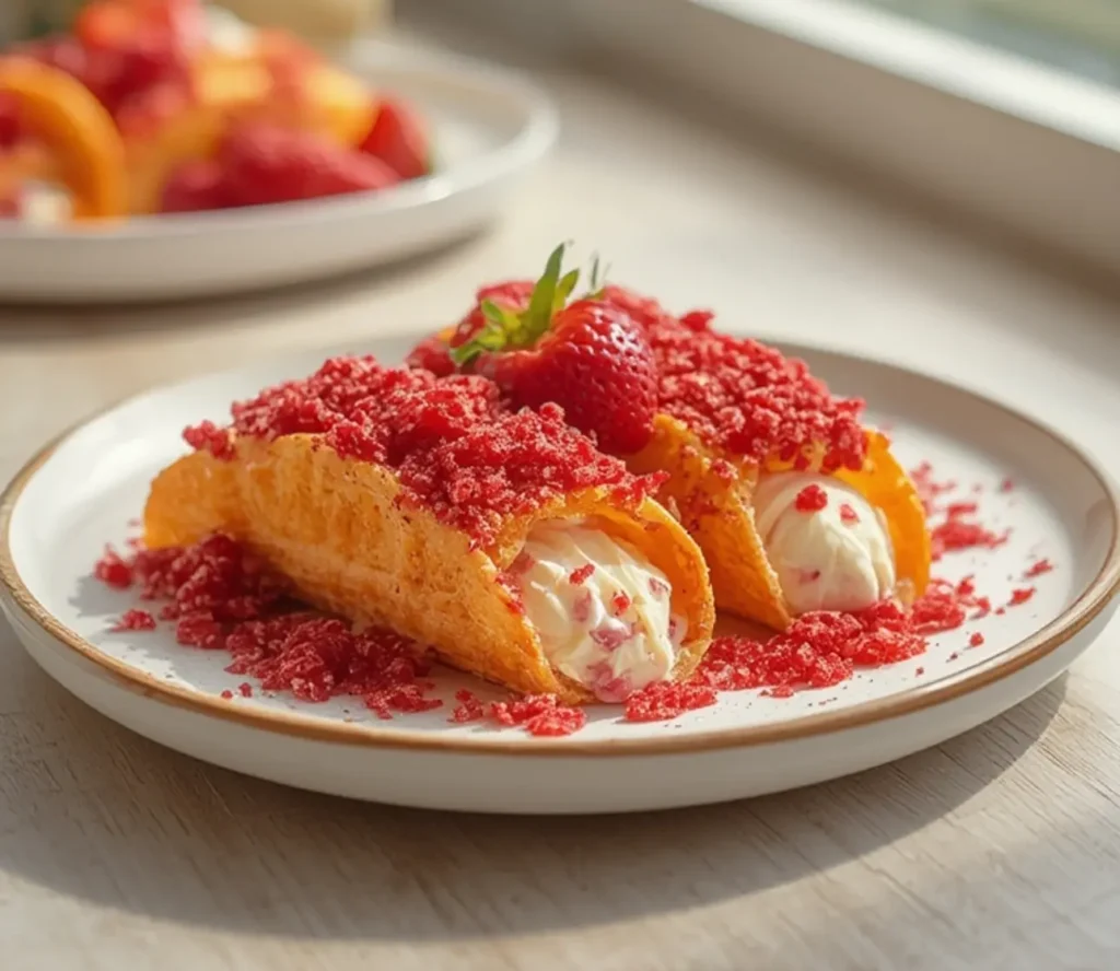 strawberry crunch cheesecake tacos: : Strawberry crunch cheesecake tacos with creamy filling and crunchy topping.