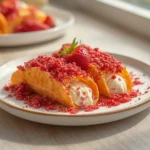 strawberry crunch cheesecake tacos: : Strawberry crunch cheesecake tacos with creamy filling and crunchy topping.