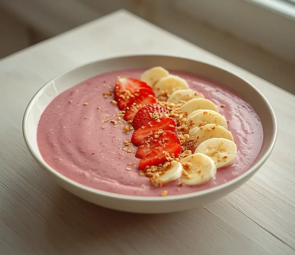strawberry banana smoothie bowl: : Strawberry banana smoothie bowl with fresh toppings in a bowl