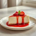 strawberry cheesecake recipe: : Slice of creamy strawberry cheesecake with red topping and fresh berries