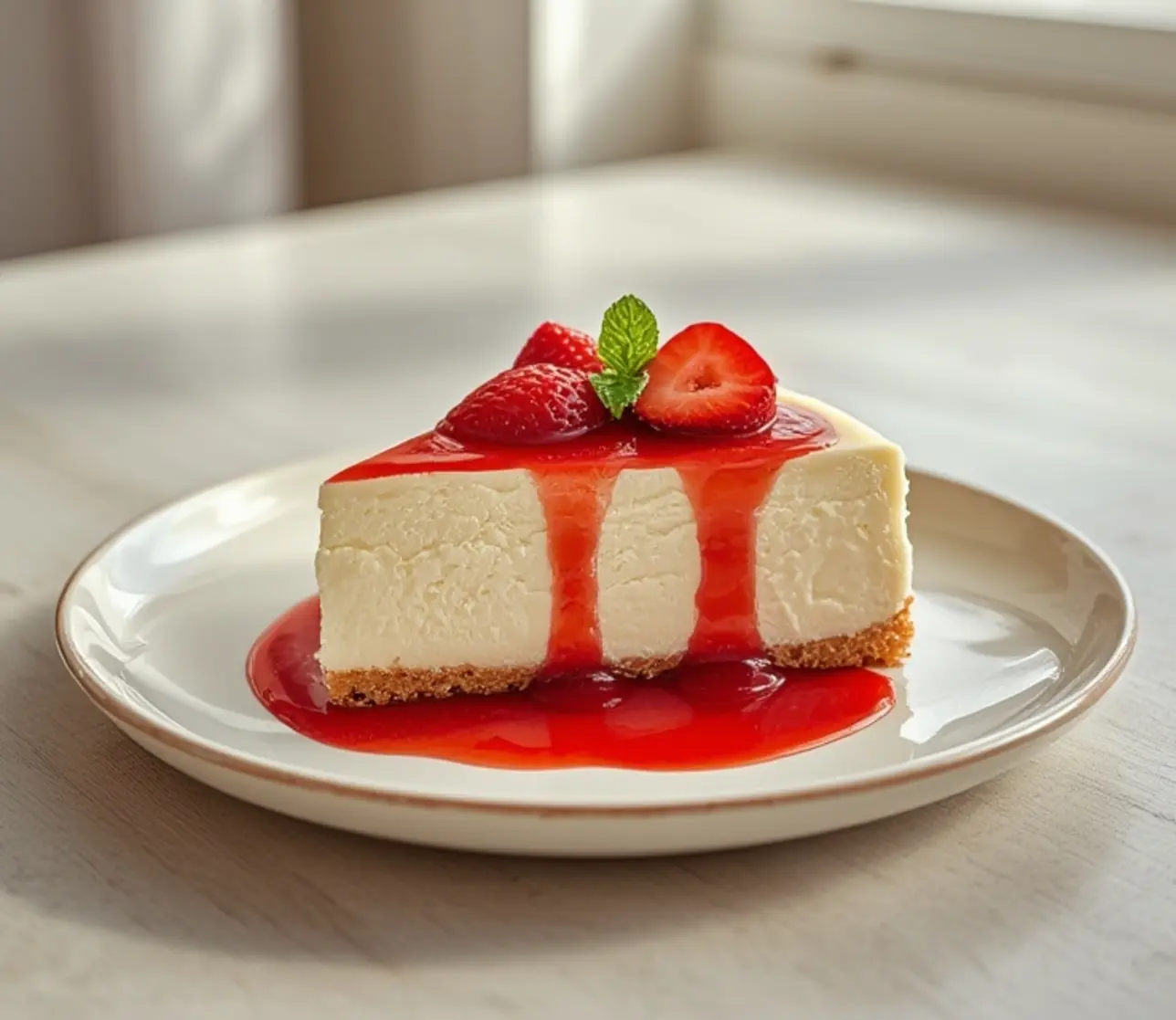 strawberry cheesecake recipe: : Slice of creamy strawberry cheesecake with red topping and fresh berries