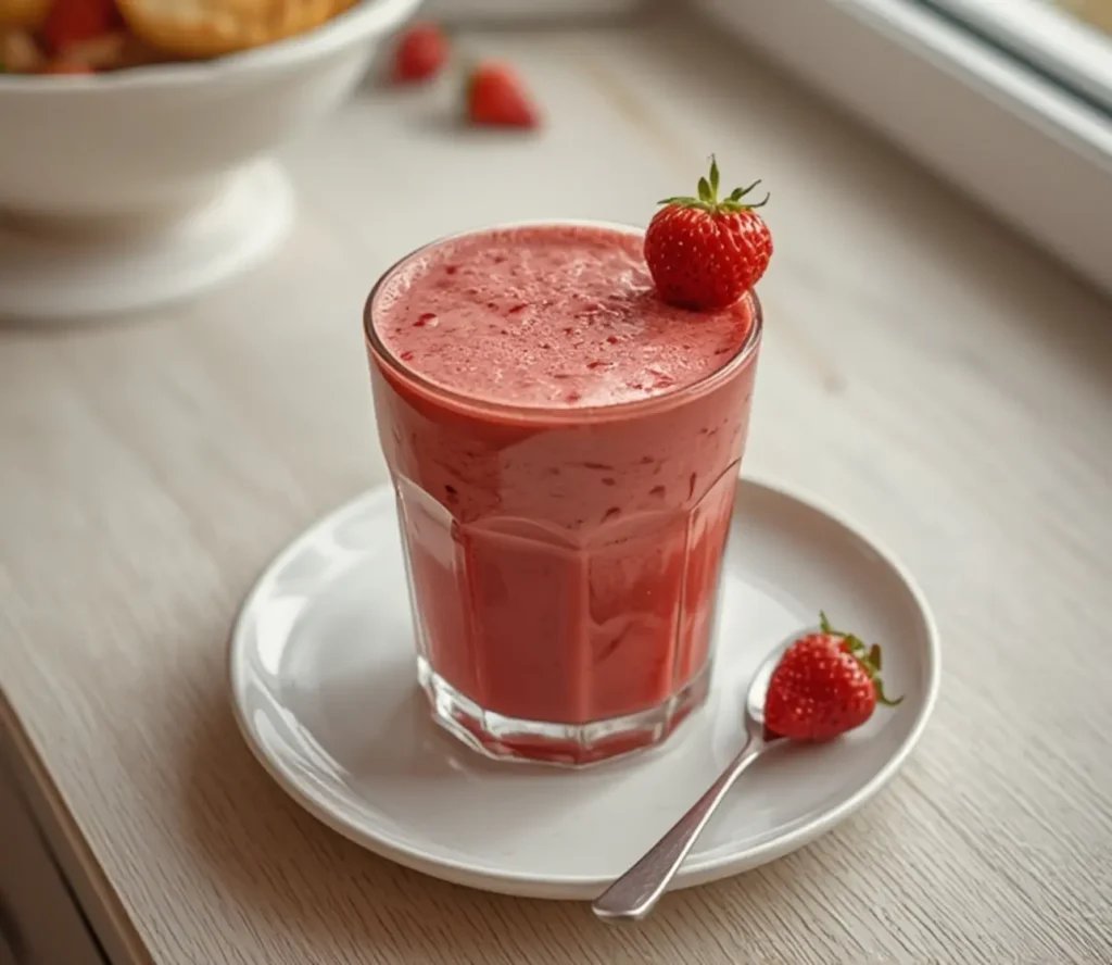 Cafe Style Korean Strawberry Milk with 4 Ingredients 1 cafe style korean strawberry milk: : Cafe style Korean strawberry milk in a glass with fresh berry flavor and creamy texture