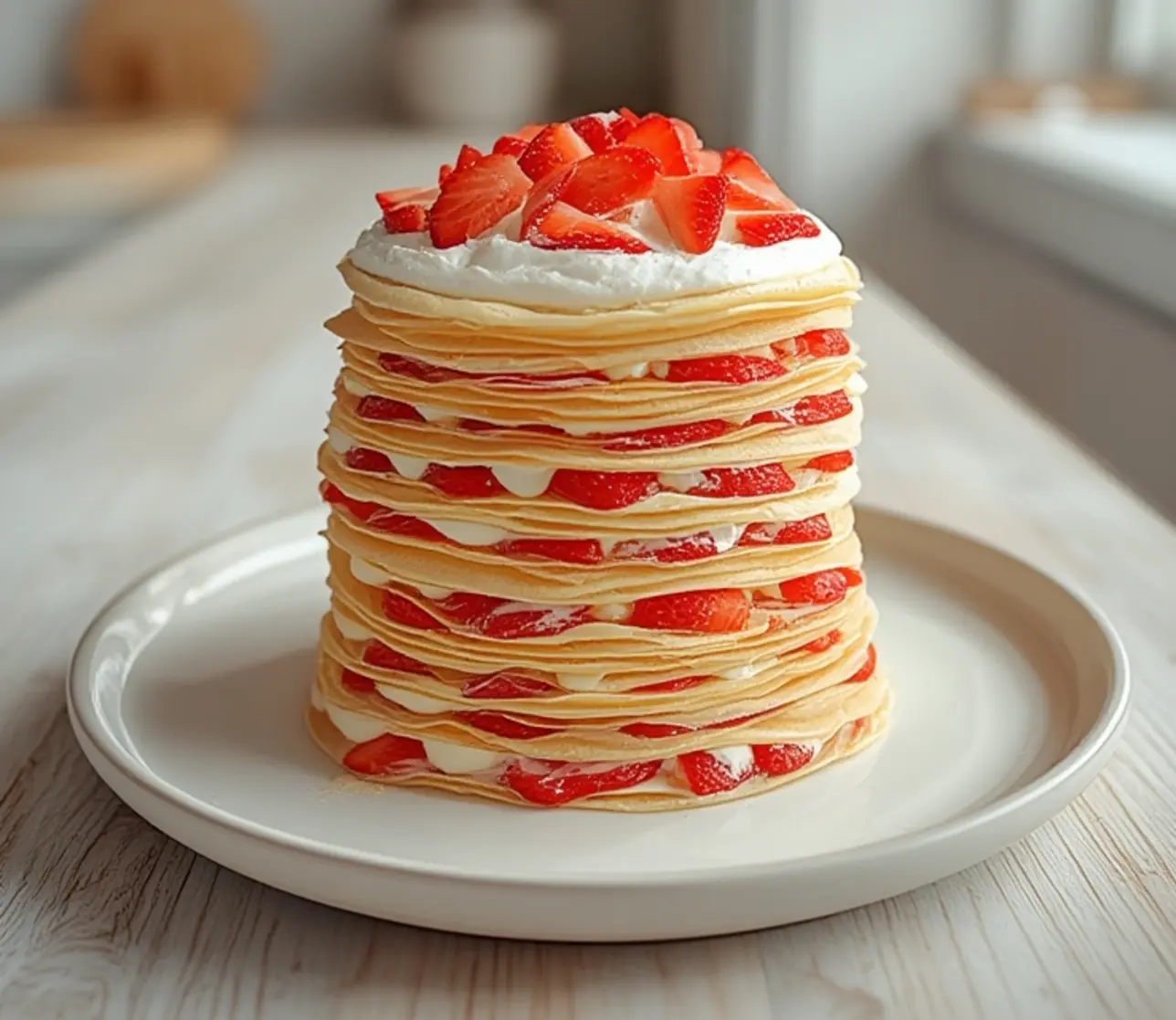 strawberry crepe cake: : Tall strawberry crepe cake with 15 layers of fresh fruit and whipped cream