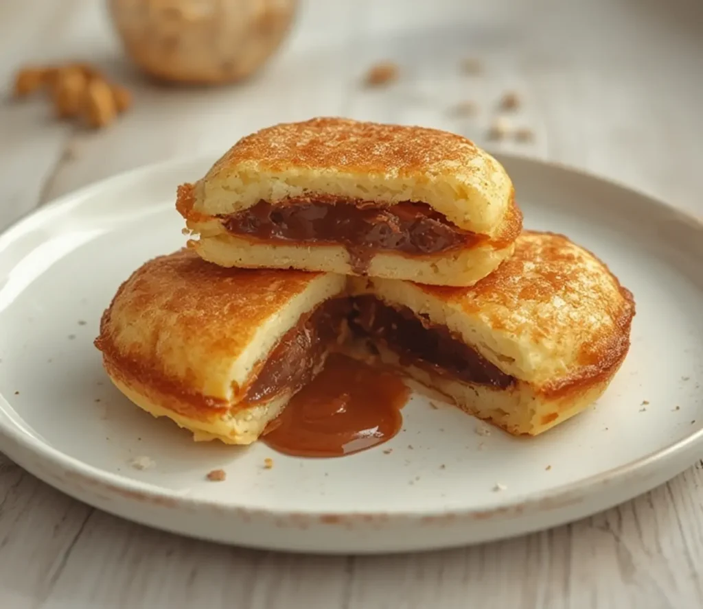 nutella-filled mini pancake bombs: : Golden mini pancake bombs with molten Nutella filling on a plate.