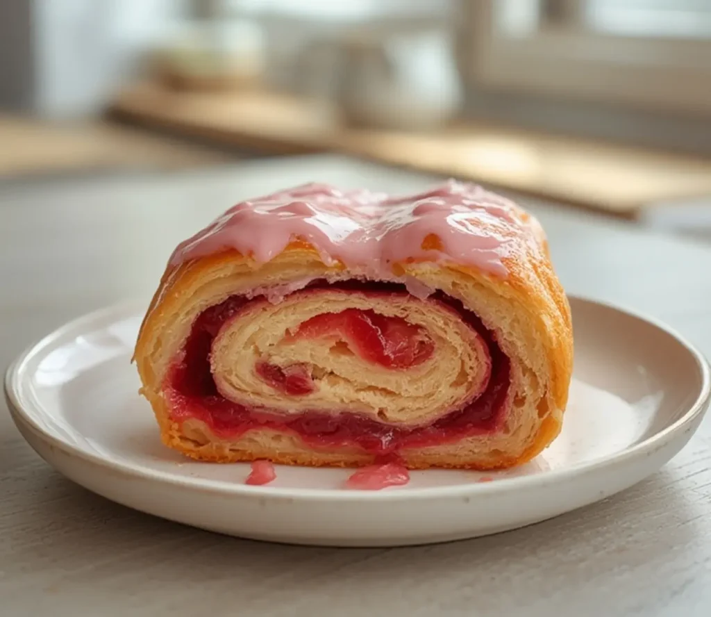 strawberry cinnamon rolls: : Gooey strawberry cinnamon rolls with cream cheese icing.