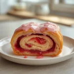 strawberry cinnamon rolls: : Gooey strawberry cinnamon rolls with cream cheese icing.