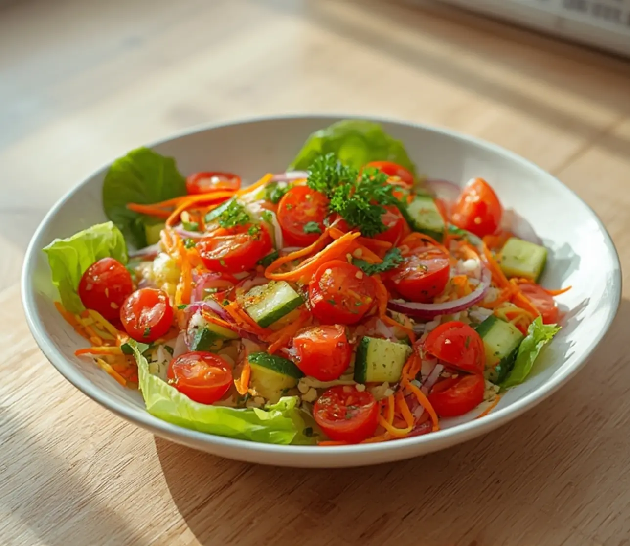 garden salad fresh summer: : Fresh garden salad with summer vegetables in a bowl.