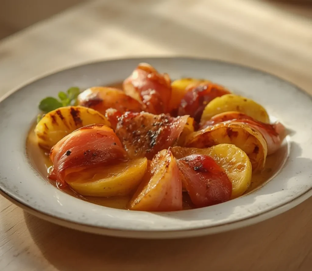 grilled apples with prosciutto: : Grilled apples with prosciutto and honey on a plate